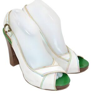 Vintage Miss Sixty White Green Chunky Peep Toe Slingback Leather Heels 39 8.5 9